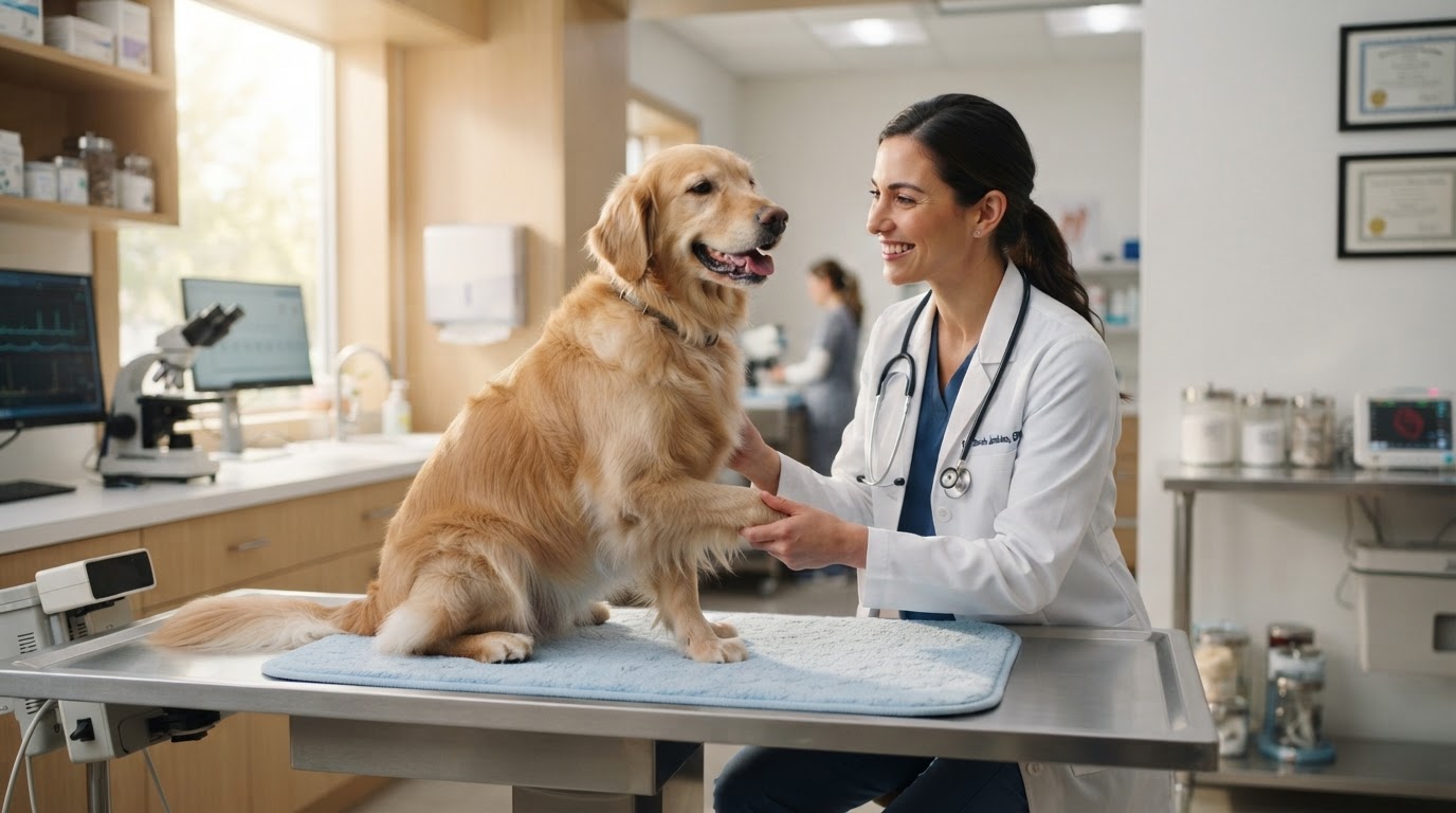 Friendly veterinarian gently examining a calm golden retriever in a bright modern clinic