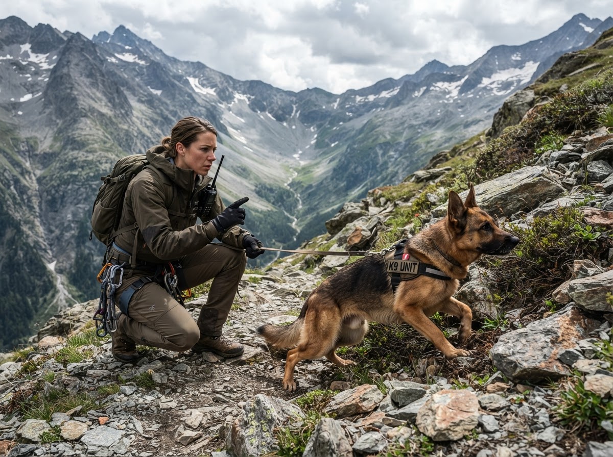 Search-and-rescue K9 handler training with a working German Shepherd on rugged mountain terrain