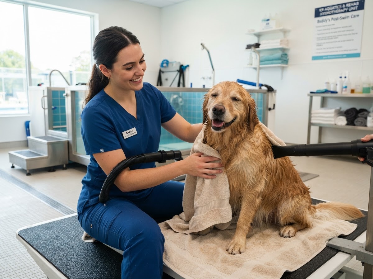 Staff member gently drying a happy dog with a towel after a hydrotherapy swim session