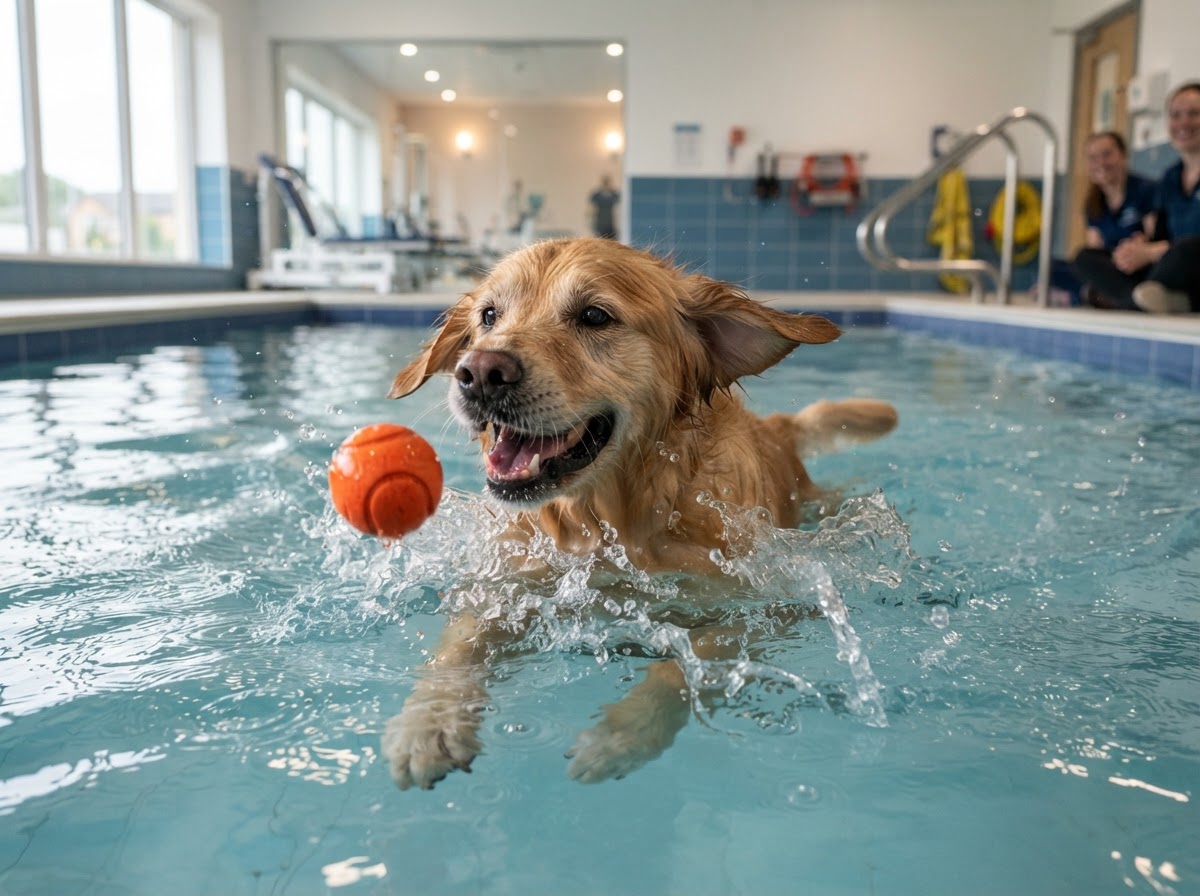 Happy golden retriever swimming toward a ball in a clean heated indoor hydrotherapy pool