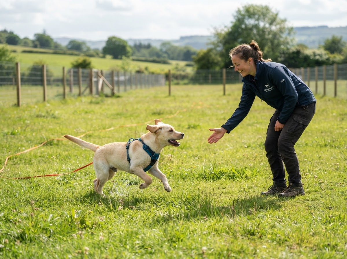 Dog trainer teaching a reliable recall with a young labrador in an enclosed training field