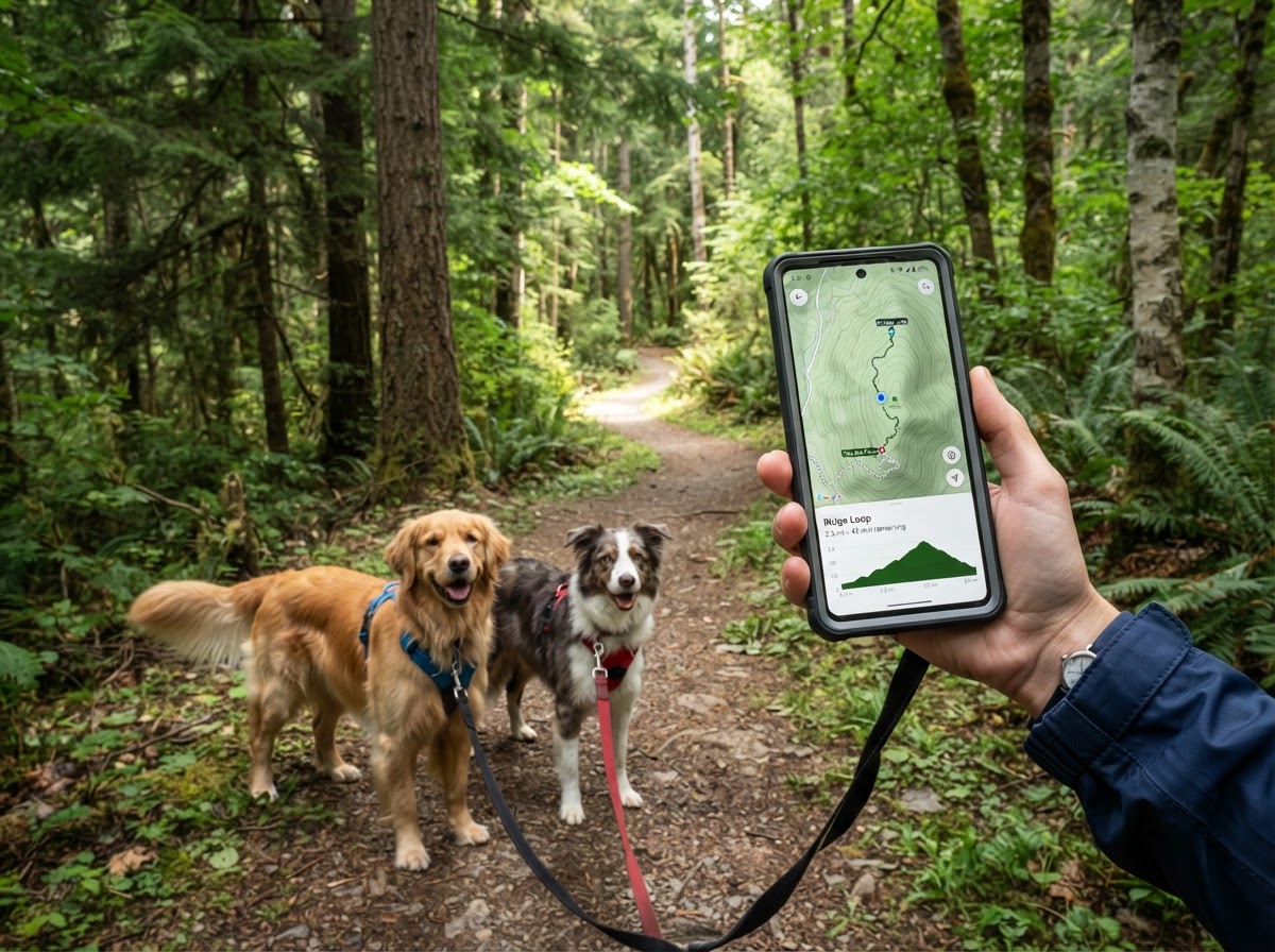 Dog walker holding a phone showing a GPS trail map over a forest trail with leashed dogs