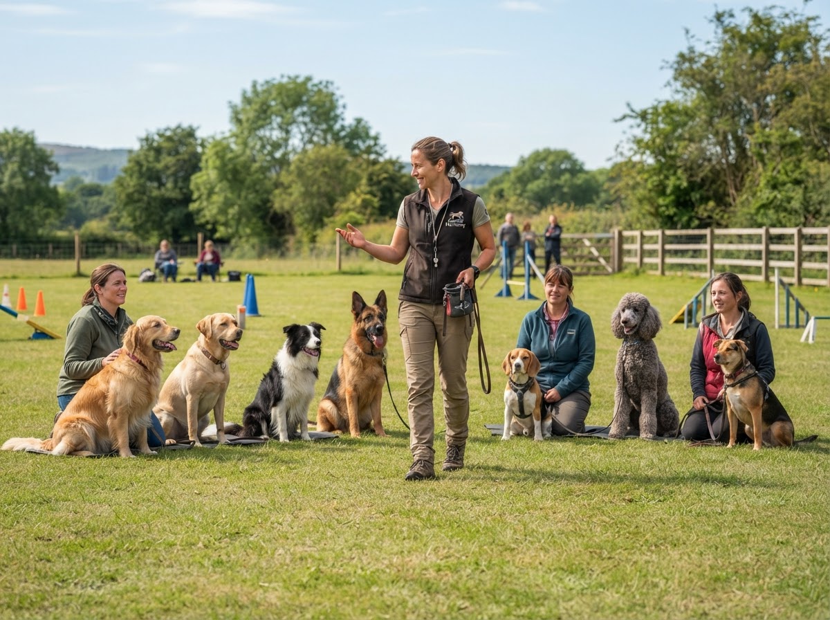 Dog trainer teaching a group obedience class with owners and dogs in a sit-stay