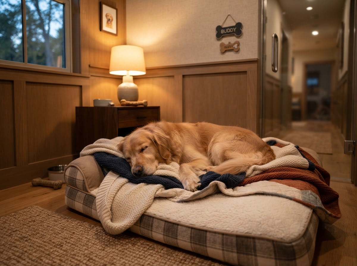 Relaxed dog resting peacefully on a plush bed inside a cozy modern dog boarding suite