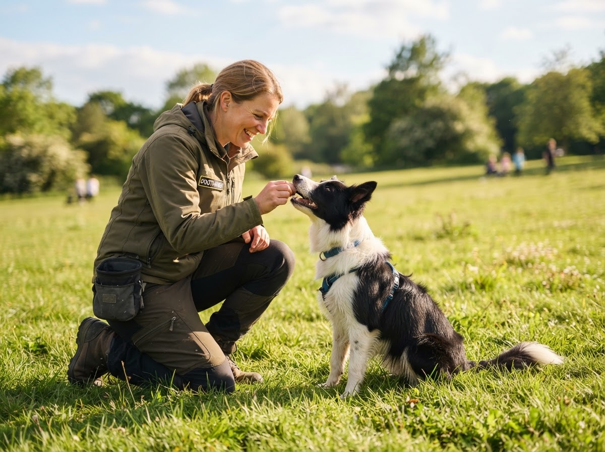 Dog trainer rewarding a happy border collie with a treat during a positive reinforcement session
