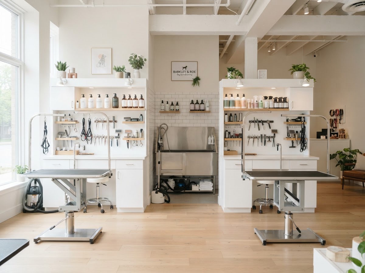 Bright modern dog grooming salon interior with neatly organized grooming stations