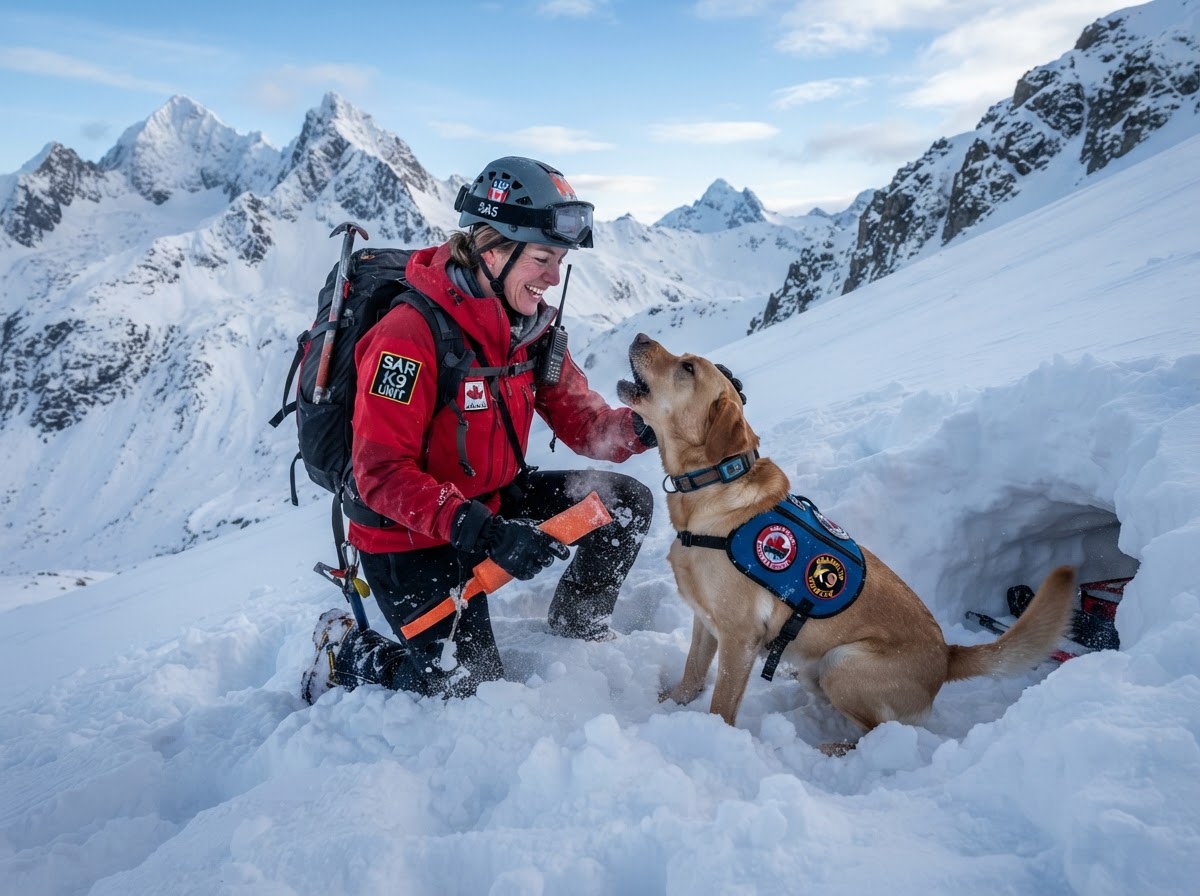 SAR handler and K9 training a find-and-alert behavior in snowy mountain terrain
