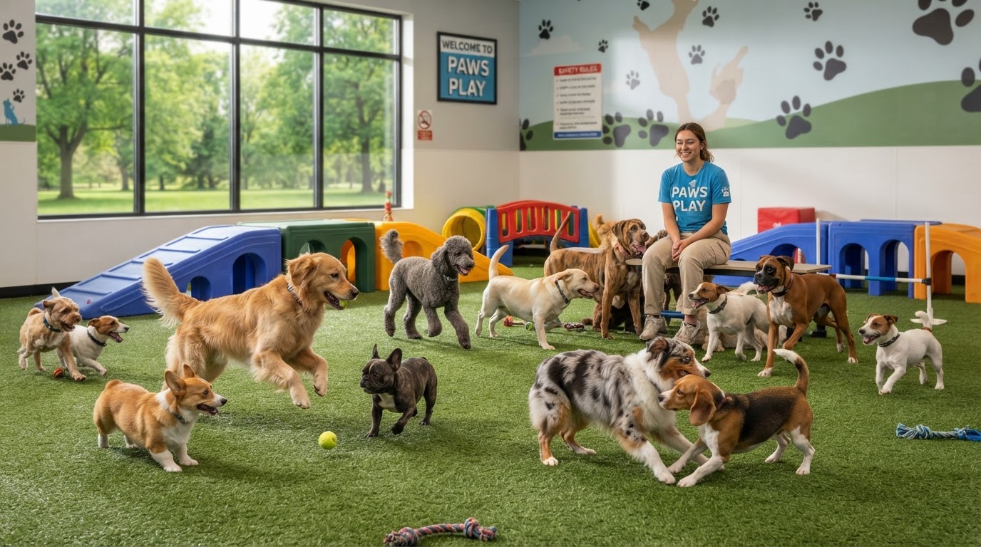 Happy dogs playing together in a bright modern cage-free dog daycare playroom