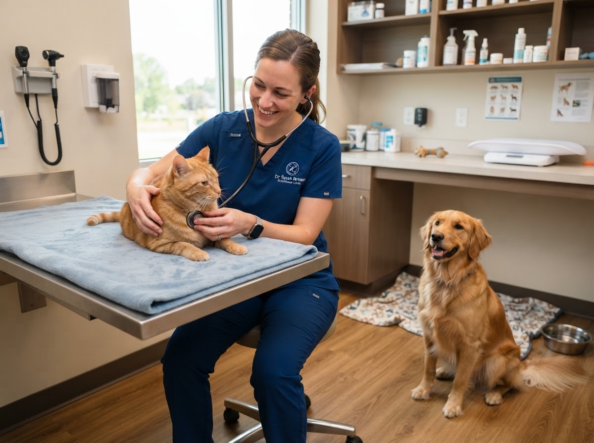Veterinarian using a stethoscope on a calm cat while a happy dog waits nearby in a bright clinic