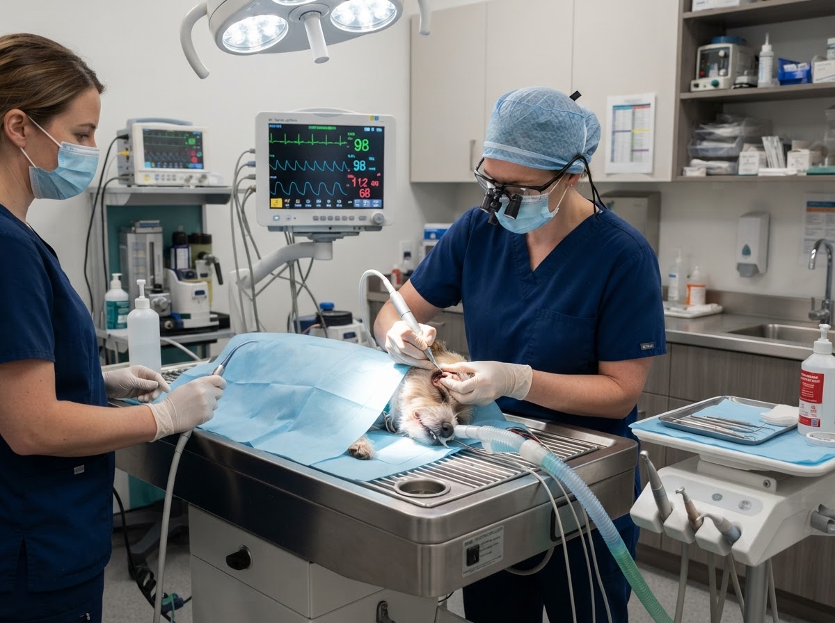 Veterinarian performing a dental cleaning on a calm small dog on a modern dental table