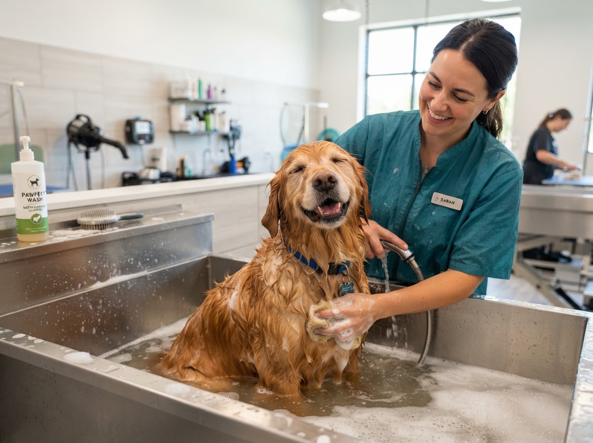 Dog groomer gently bathing a happy golden retriever in a tub with suds