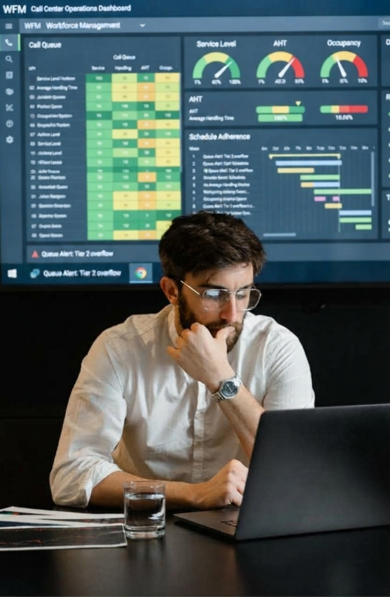WFM Call Center Operations Dashboard with scheduler analyzing intraday performance