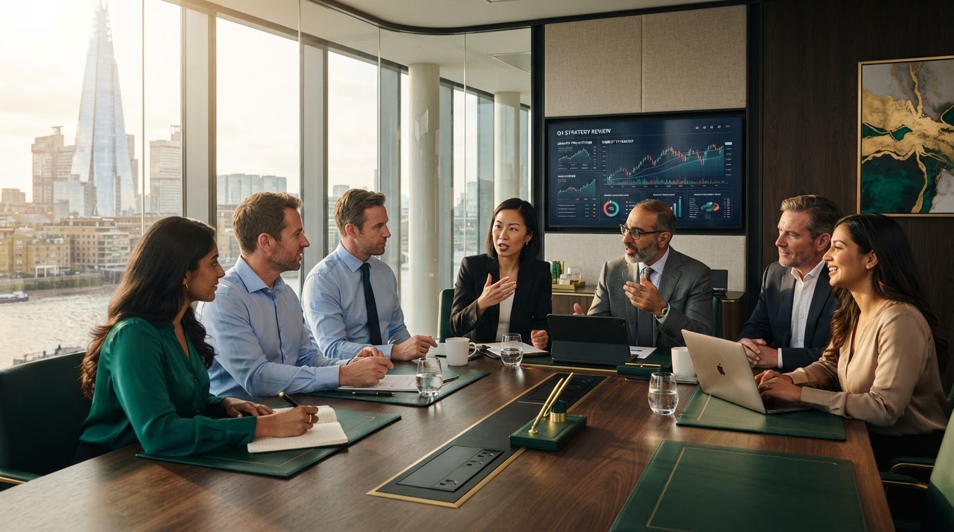 Modern corporate boardroom strategy meeting