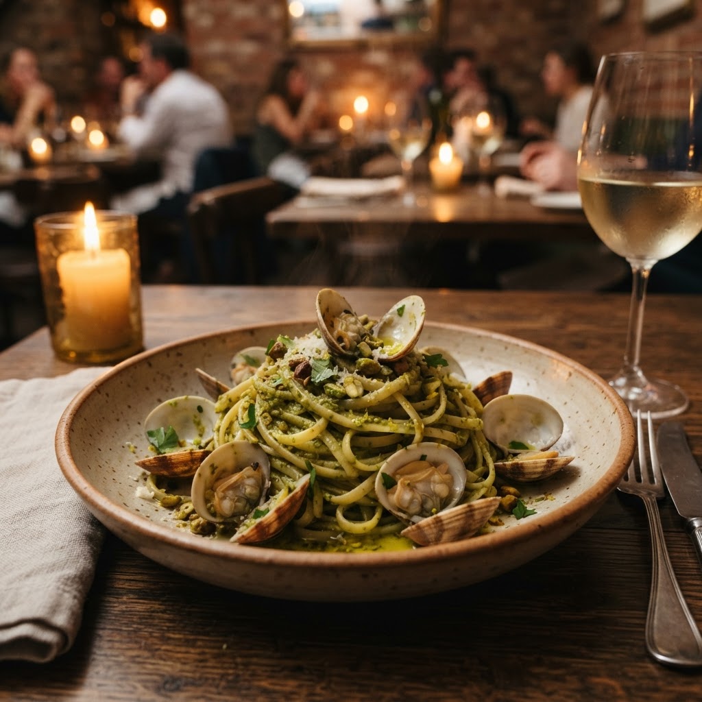Linguine al pesto di pistacchio di Bronte e vongole