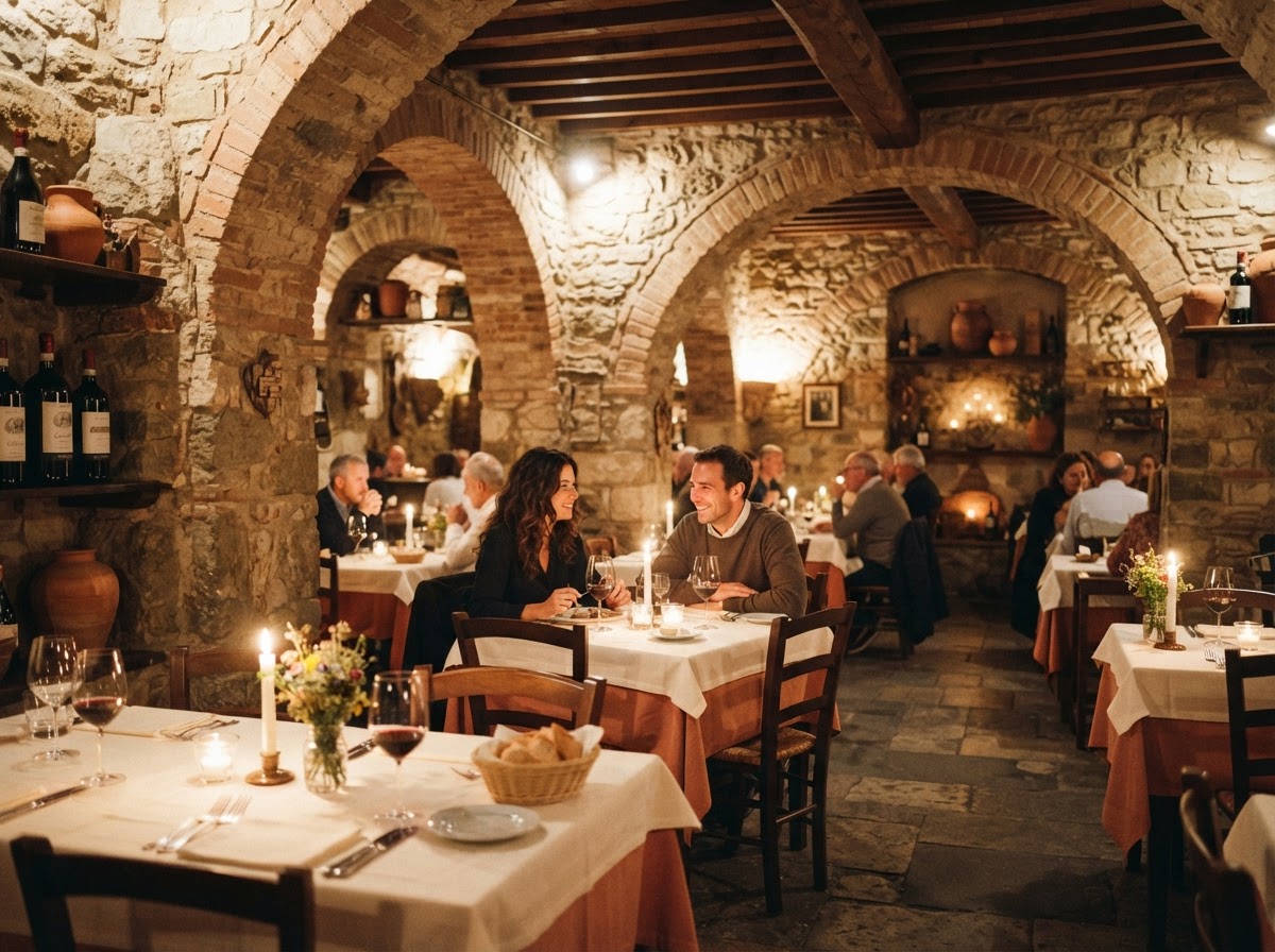 La sala in pietra di Hostaria Marcomando con arcate a vista