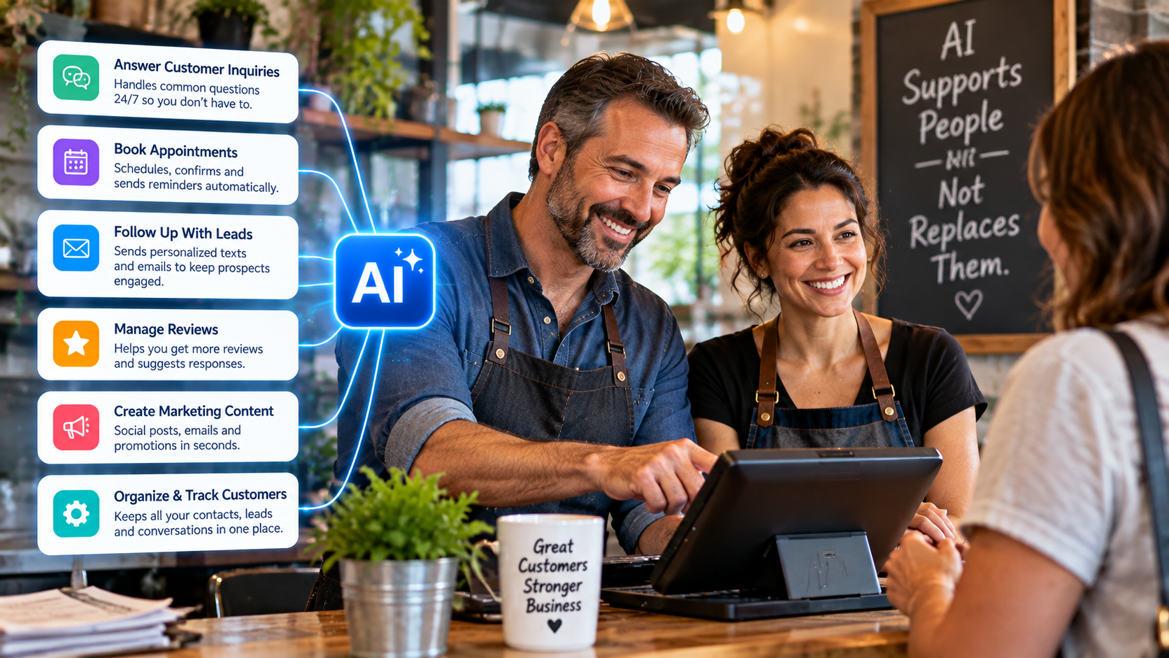 Small-business owners serving a customer while AI helps answer inquiries, book appointments, follow up with leads, manage reviews, create marketing content and organize customers.