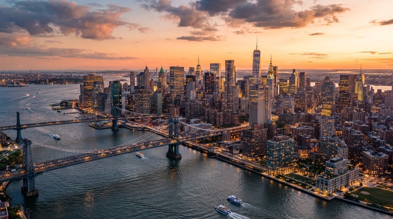 Manhattan New York City skyline at golden hour