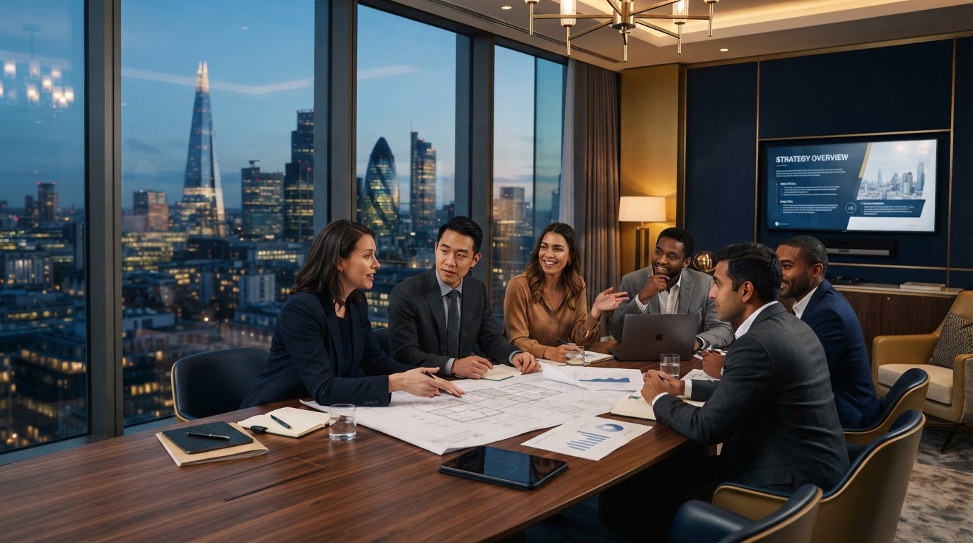 Consulting team collaborating over project plans in a modern boardroom
