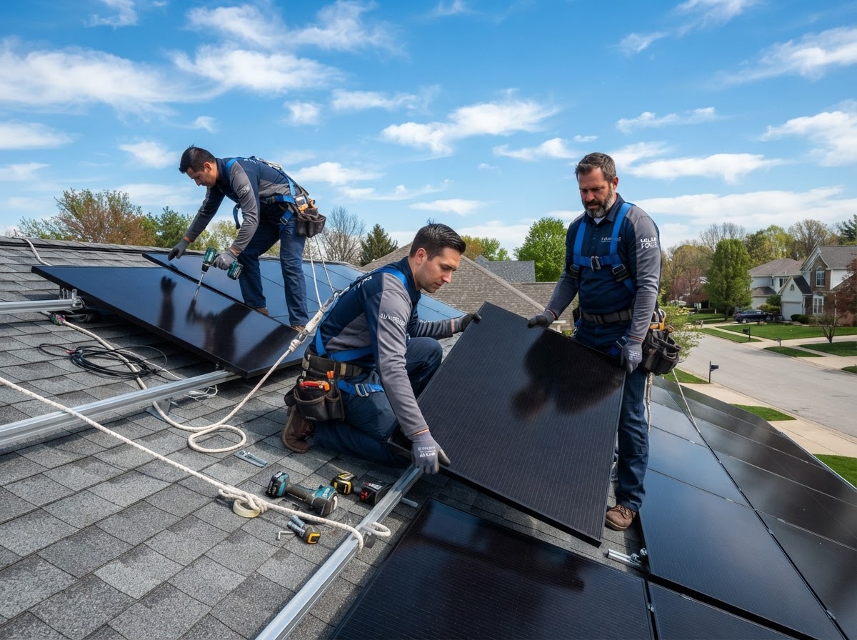 Professional installers fitting sleek all-black solar panels on a sunny home