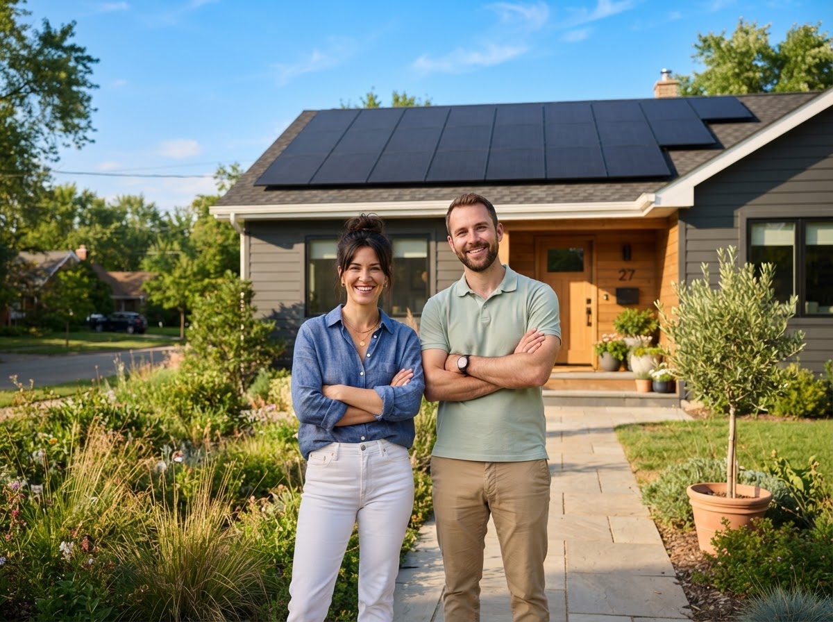 Happy homeowners in front of their house with all-black solar panels