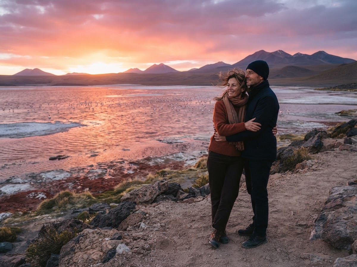 Pareja adulta abrazándose al atardecer sobre un paisaje extraordinario