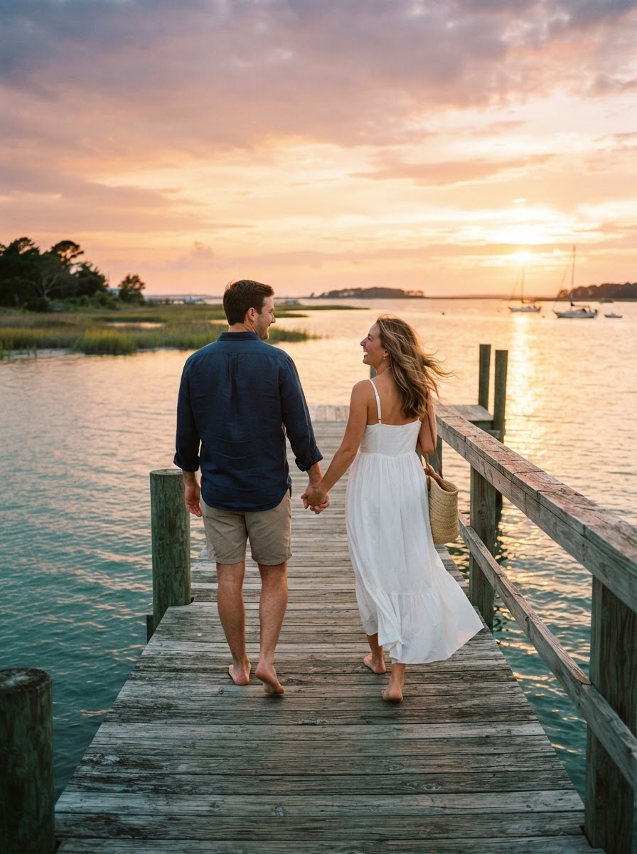 Couple walking along a coastal dock at sunset