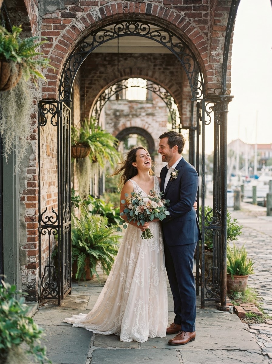 Bride and groom laughing beneath historic brick arches