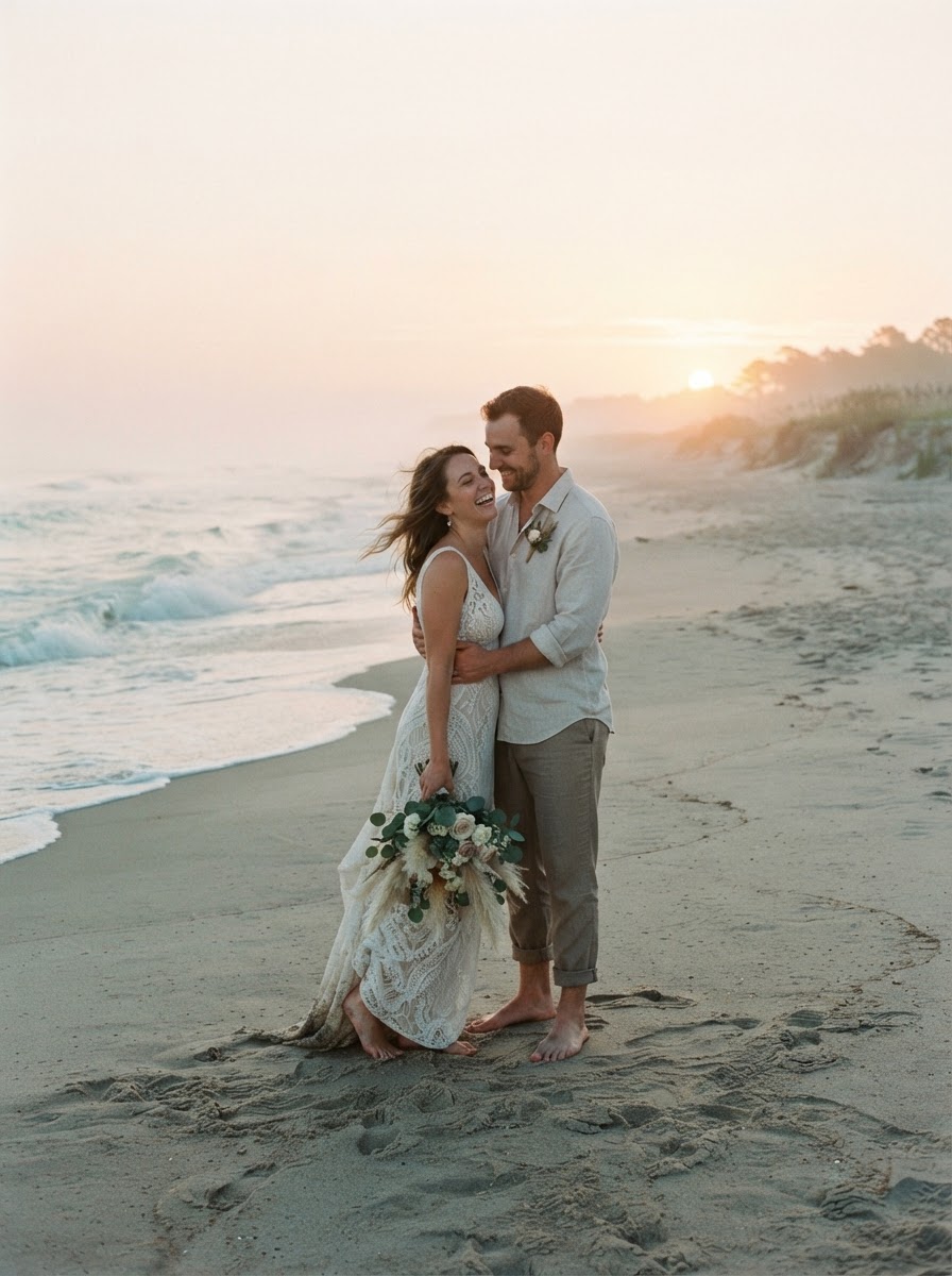 Elopement couple on a quiet beach at sunrise