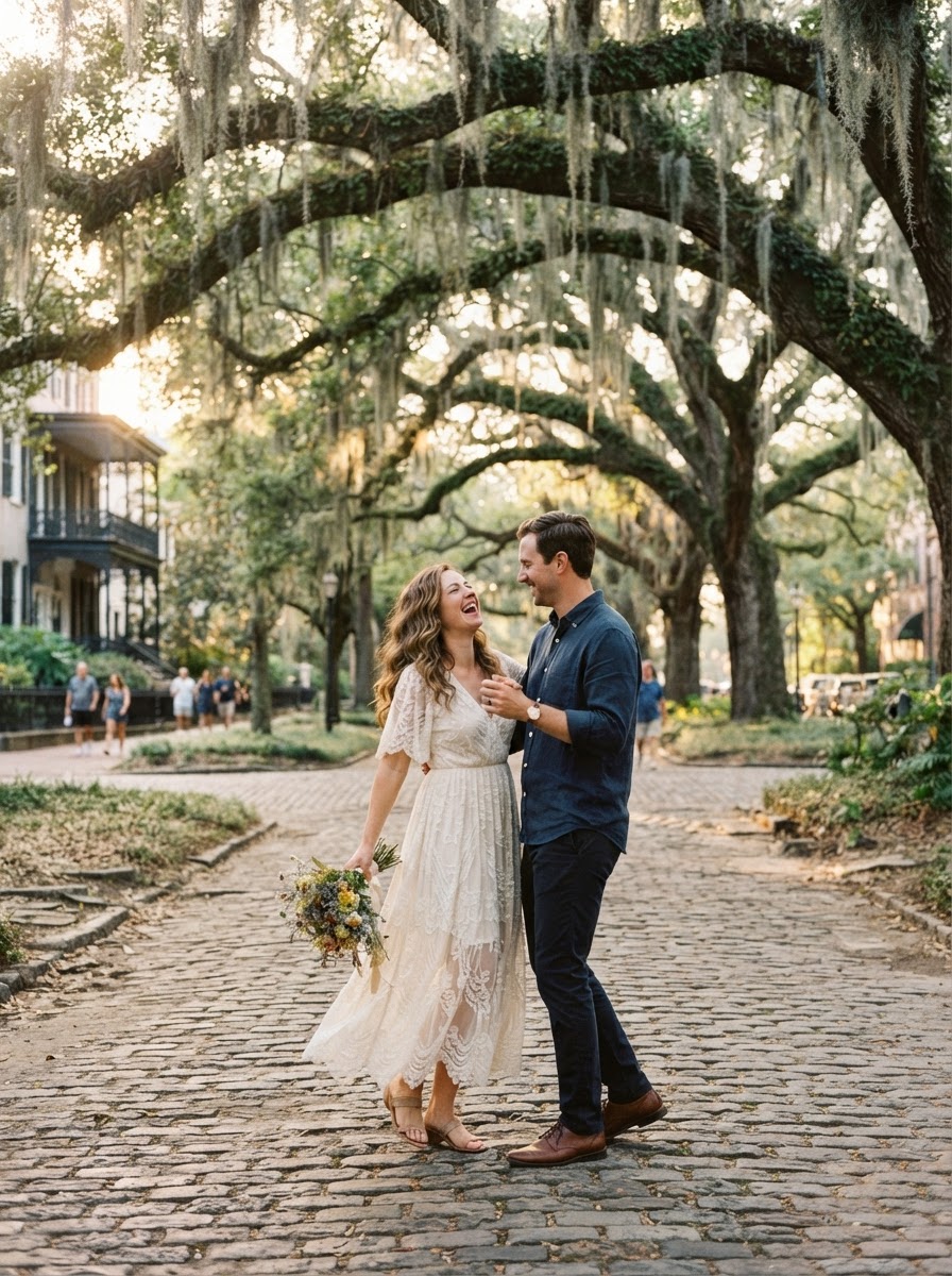 Engagement couple dancing under live oaks with Spanish moss