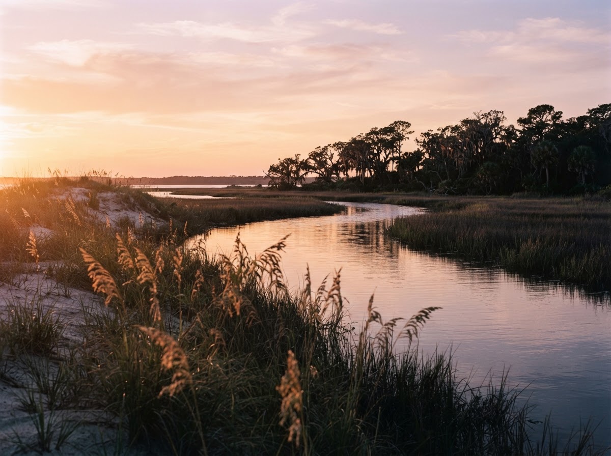 A golden-hour fine-art landscape of the Southeast NC coast — dune grass, a quiet salt-marsh creek, and live oaks against a peach sky