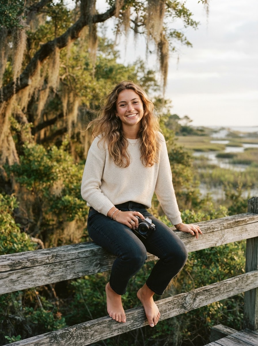 Senior portrait beside a weathered coastal fence