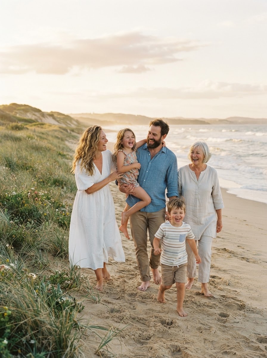 Family portrait on a sandy beach with dune grass