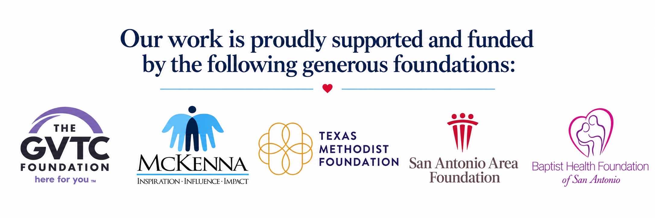 Our work is proudly supported and funded by the following generous foundations: The GVTC Foundation, McKenna Foundation, Texas Methodist Foundation, San Antonio Area Foundation, Baptist Health Foundation of San Antonio
