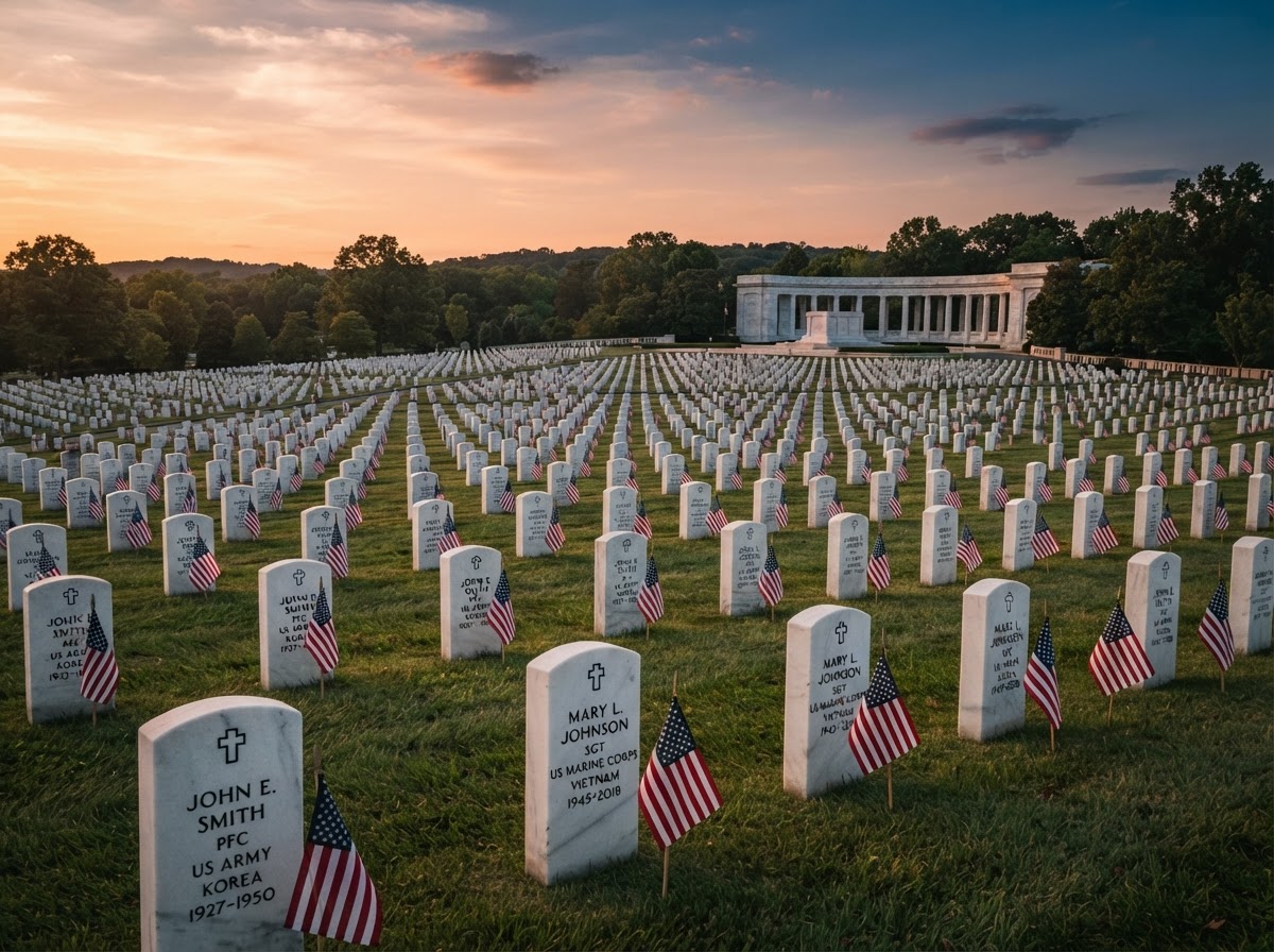 Rows of white memorial headstones with American flags at a national cemetery, honoring fallen service members