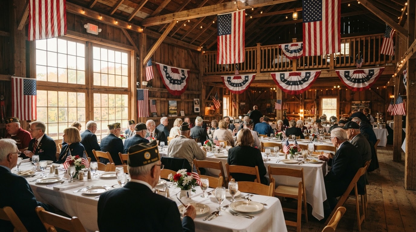 Veterans Day Luncheon at a rustic red New England barn venue with patriotic decorations