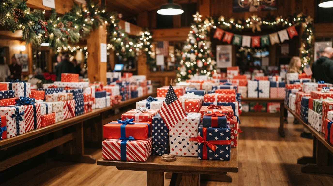 Christmas holiday toy giveaway with wrapped gifts in red, white, and blue paper for veterans families