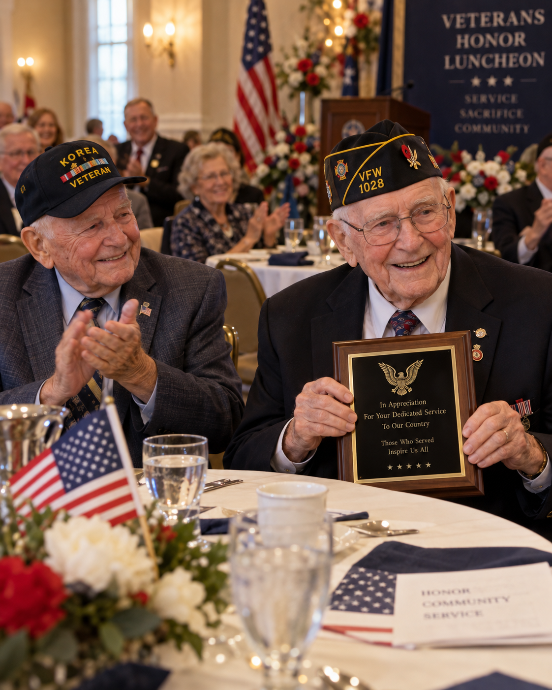 Two honored veterans smiling warmly at an appreciation luncheon with one holding a service recognition plaque