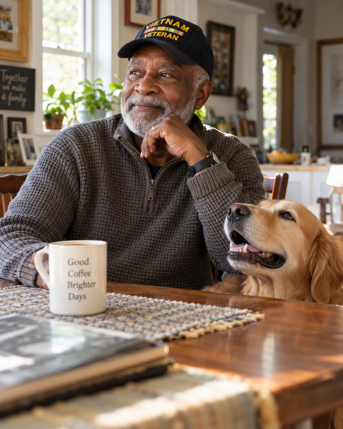 Veteran enjoying coffee in a furnished home with his dog