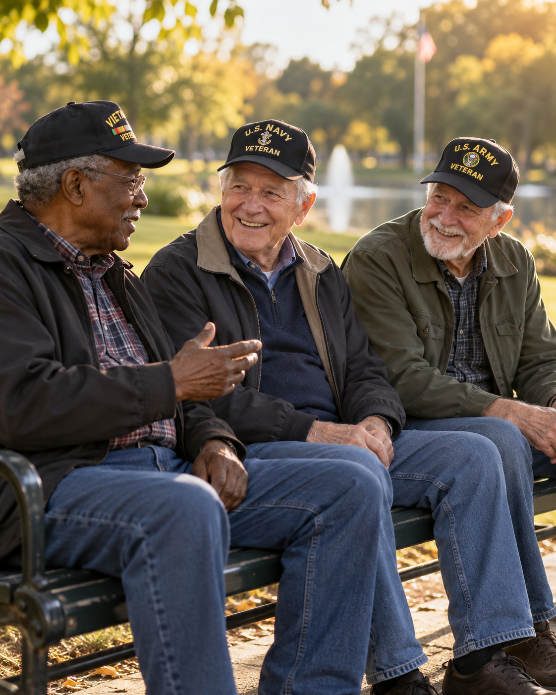 Veterans gathering together in fellowship on a park bench