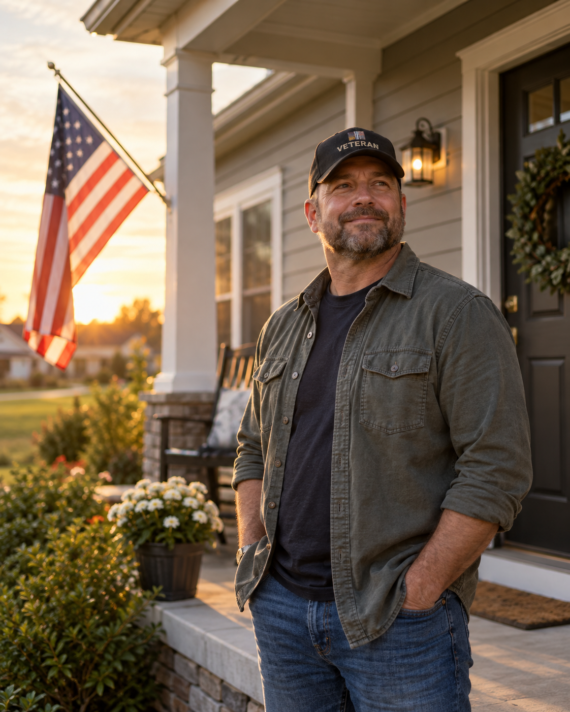 Veteran standing proudly on his home porch with American flag at sunrise
