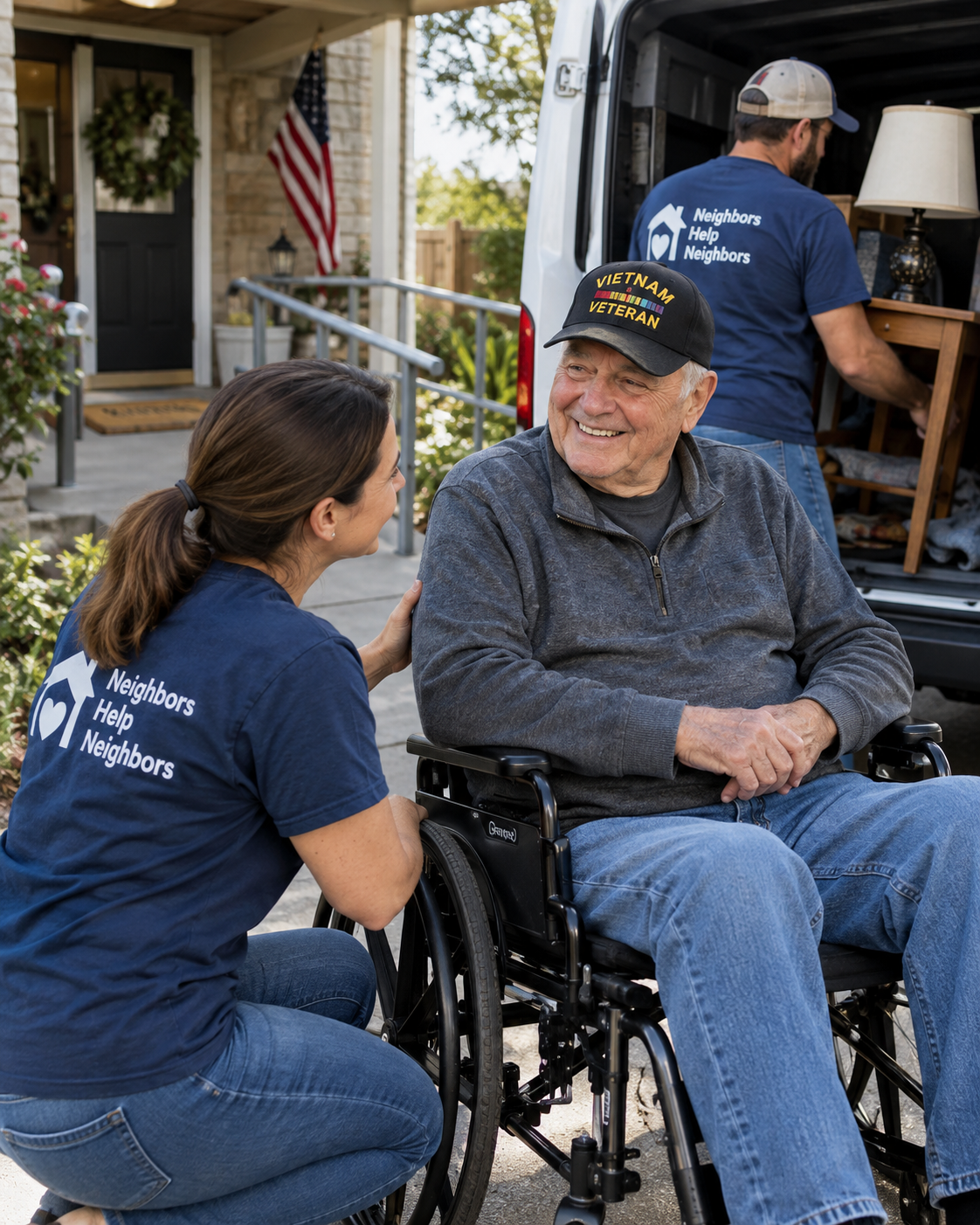 Homeland Heroes Foundation volunteer smiling with Vietnam veteran in wheelchair