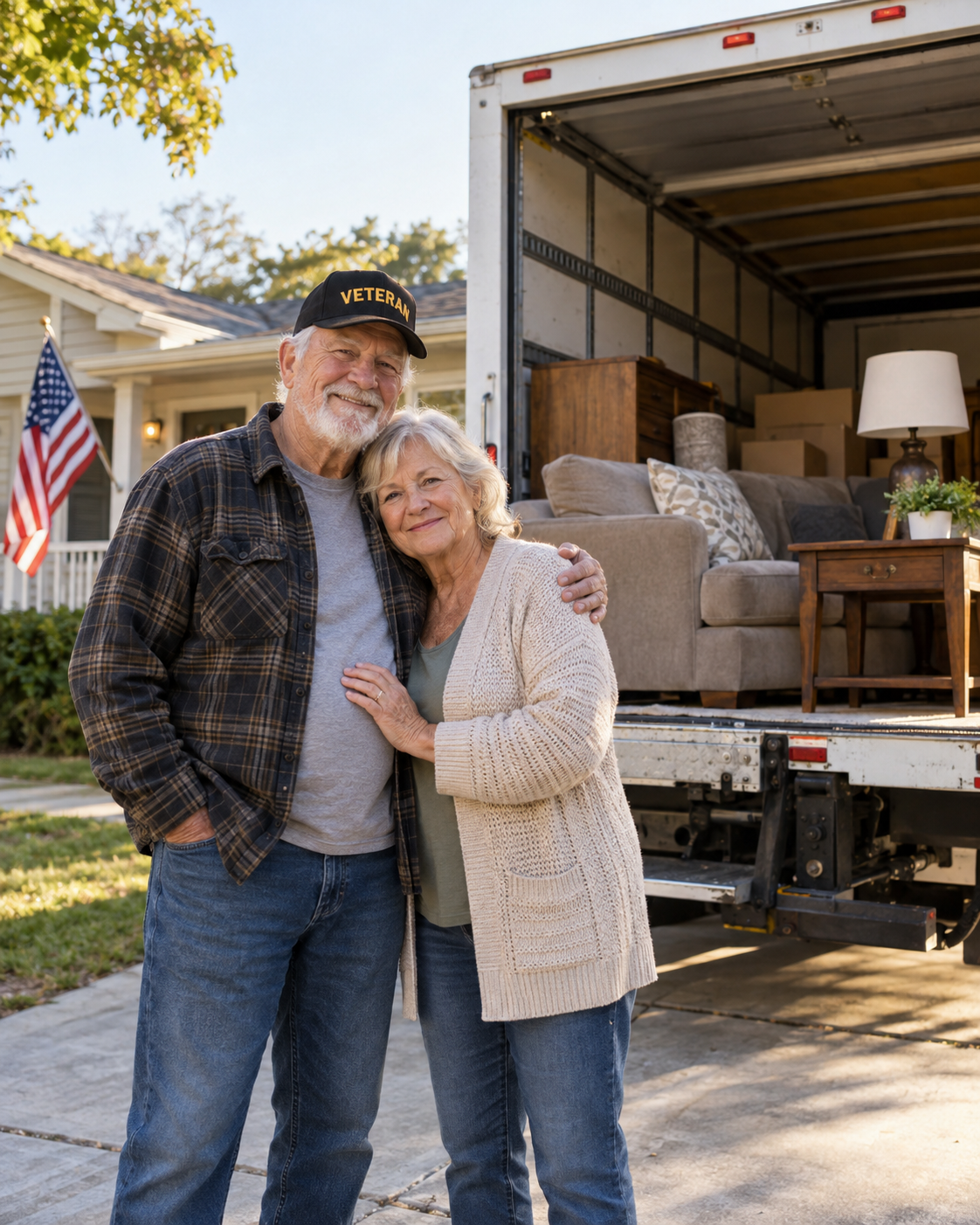 A smiling veteran and his wife embracing outside their home as furniture is delivered