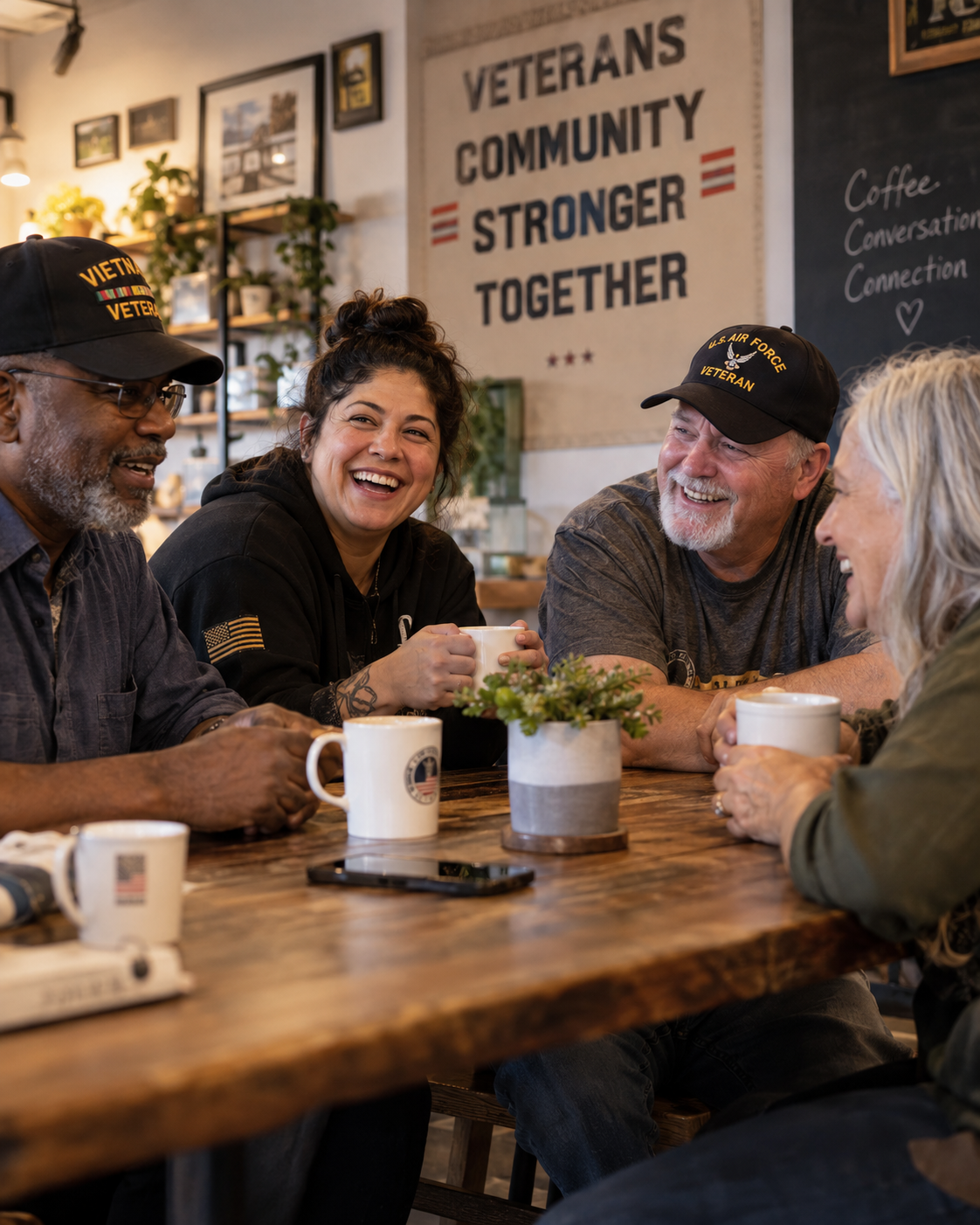 Group of veterans laughing and sharing coffee together around a table