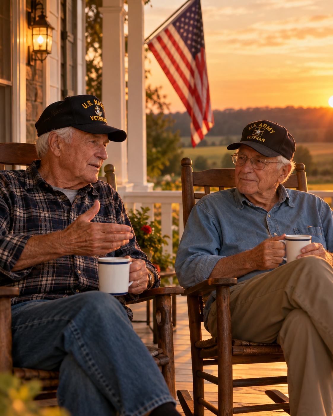 Veterans relaxing together on a front porch at sunset