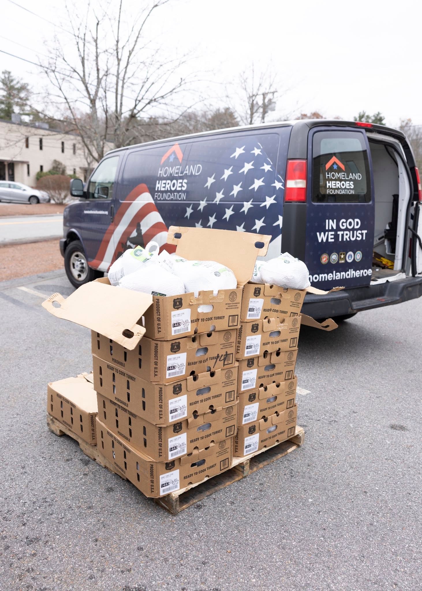 Homeland Heroes Foundation van with frozen turkeys ready for distribution