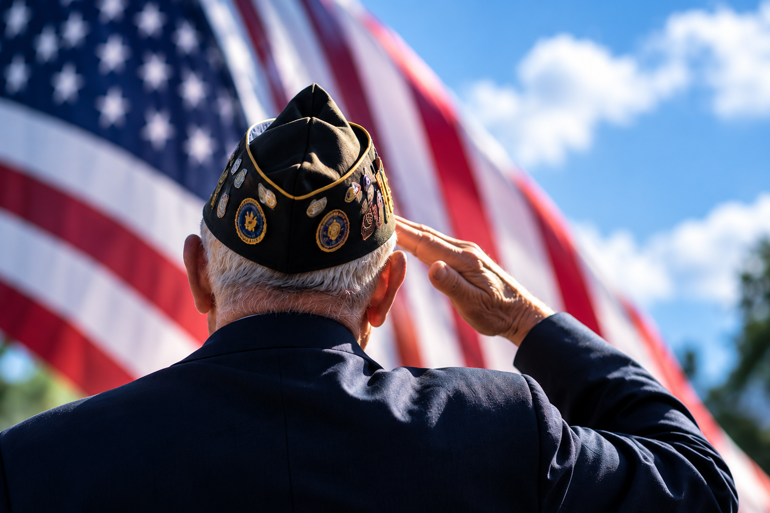 Military veteran in service cap saluting before a waving American flag