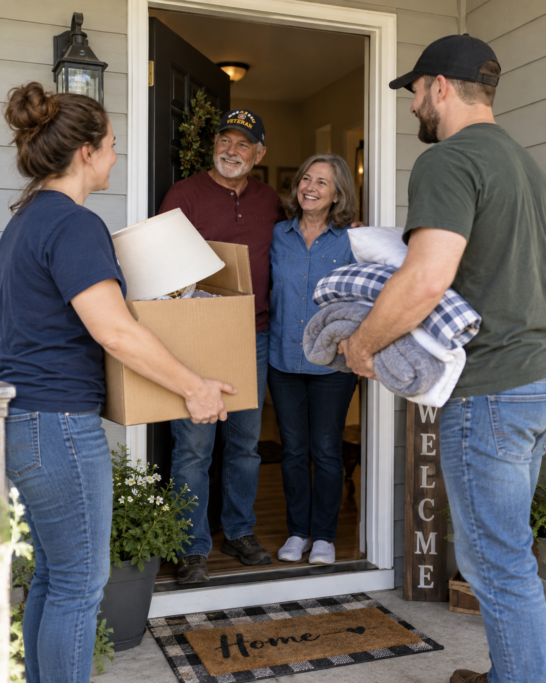 Volunteers carrying household delivery boxes to veteran couple at front door