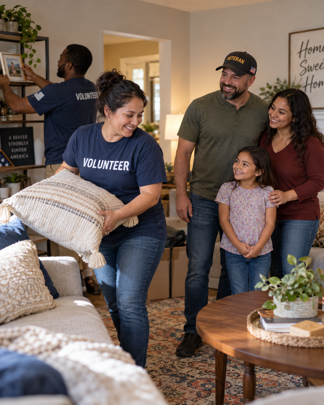 Volunteers arranging throw pillows in newly furnished living room with veteran father, mother, and smiling daughter