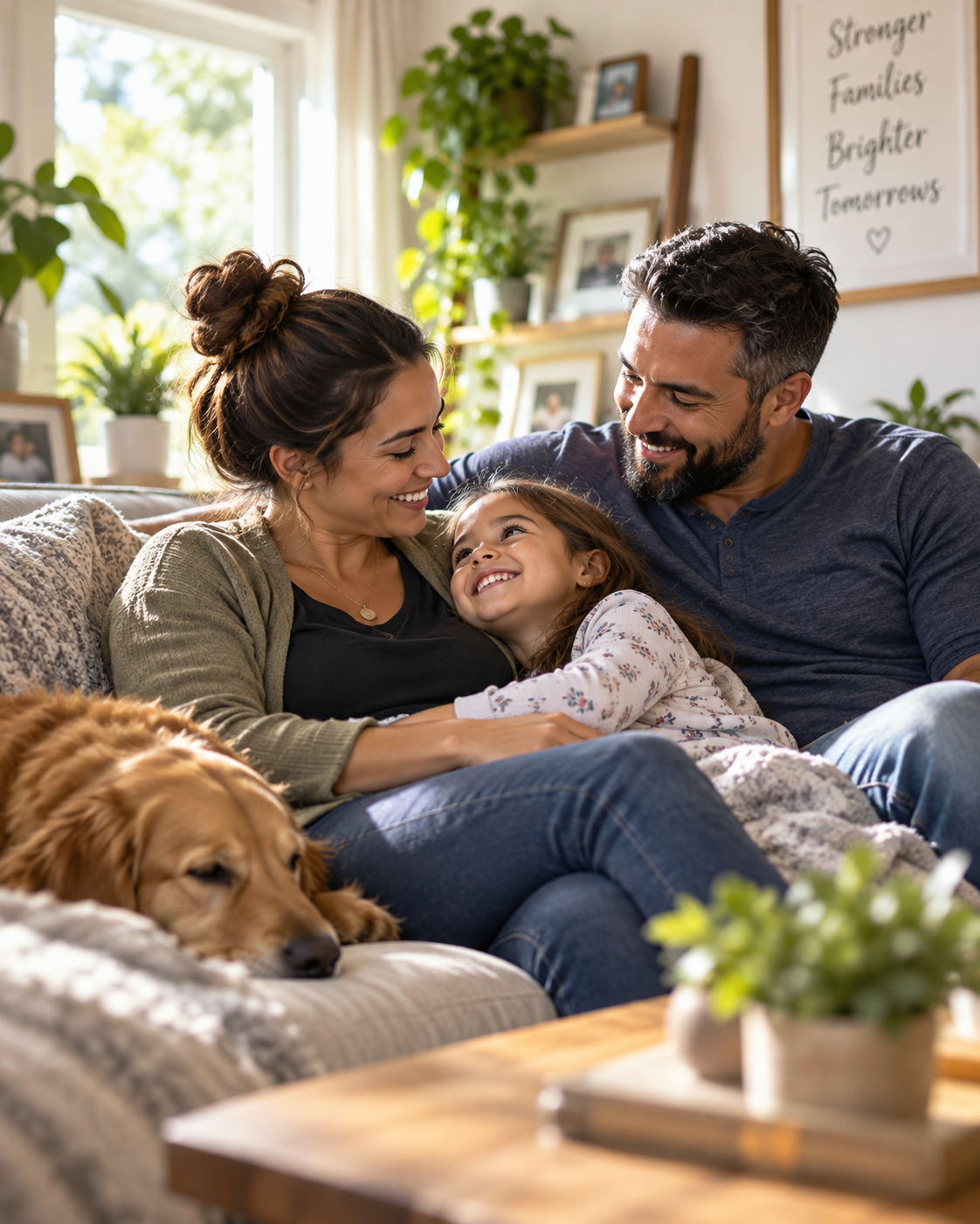 Young military family relaxed and smiling together on their living room sofa