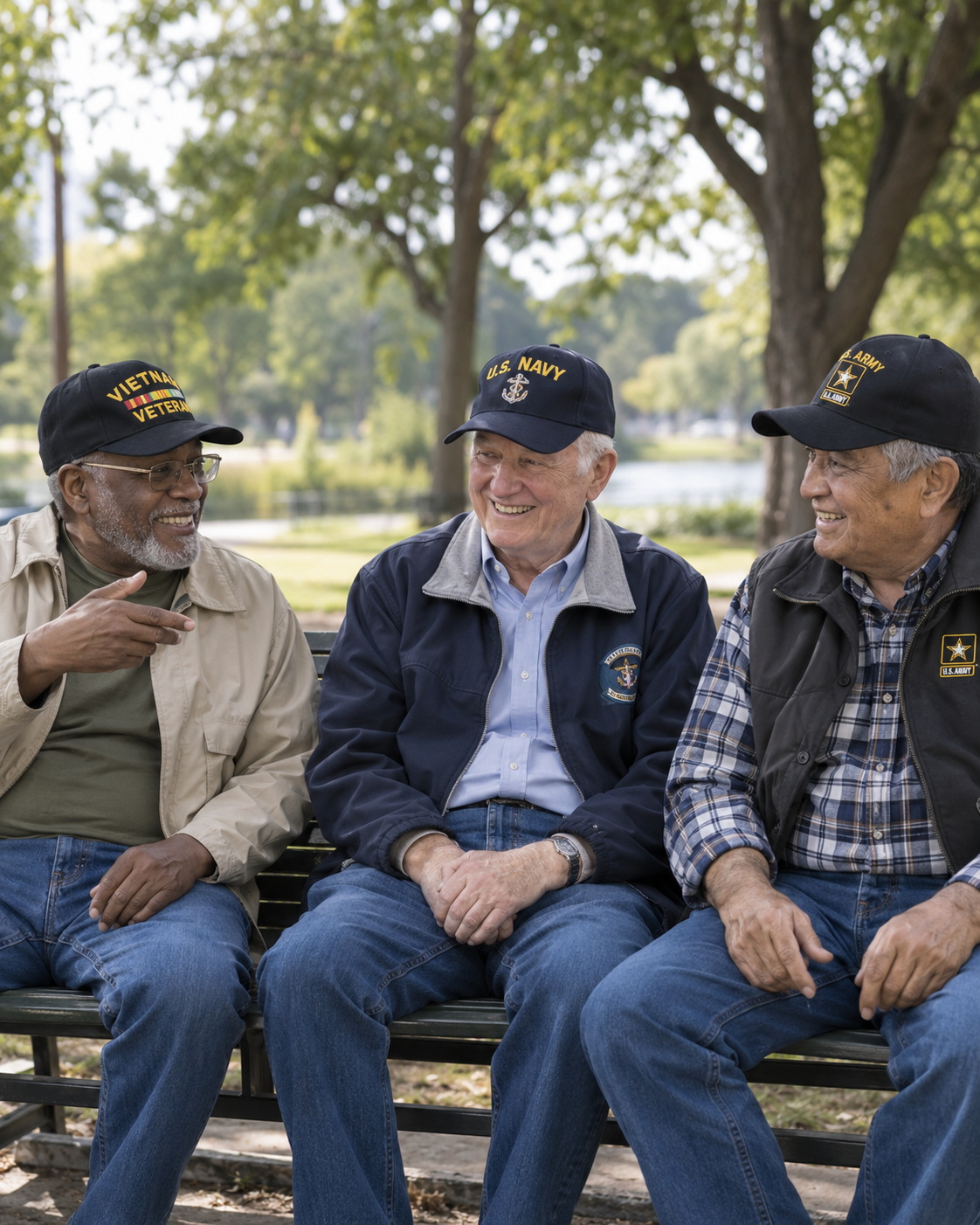 Three smiling veterans sitting together on a bench